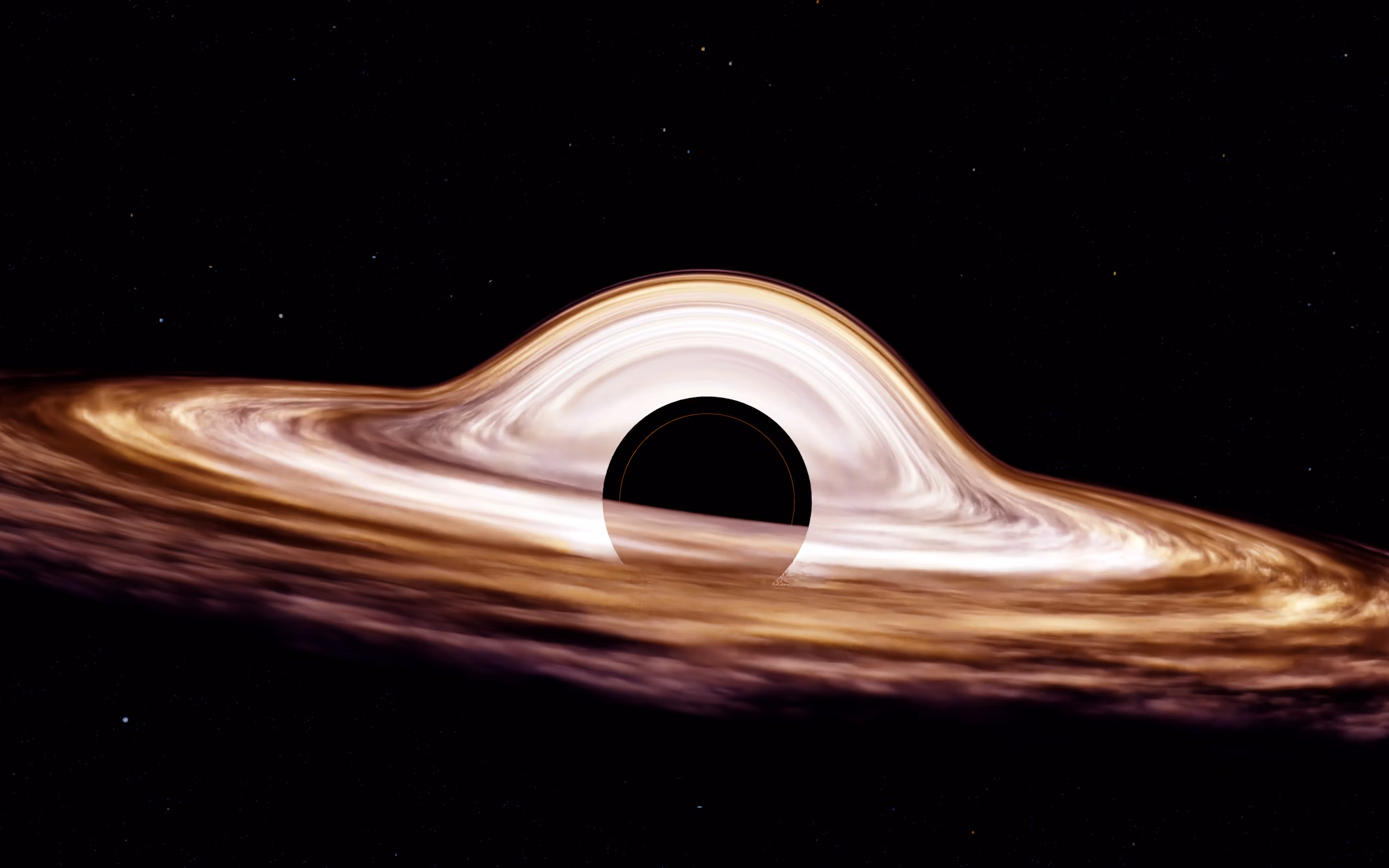 A black hole in space with glowing gas orbitting around it.