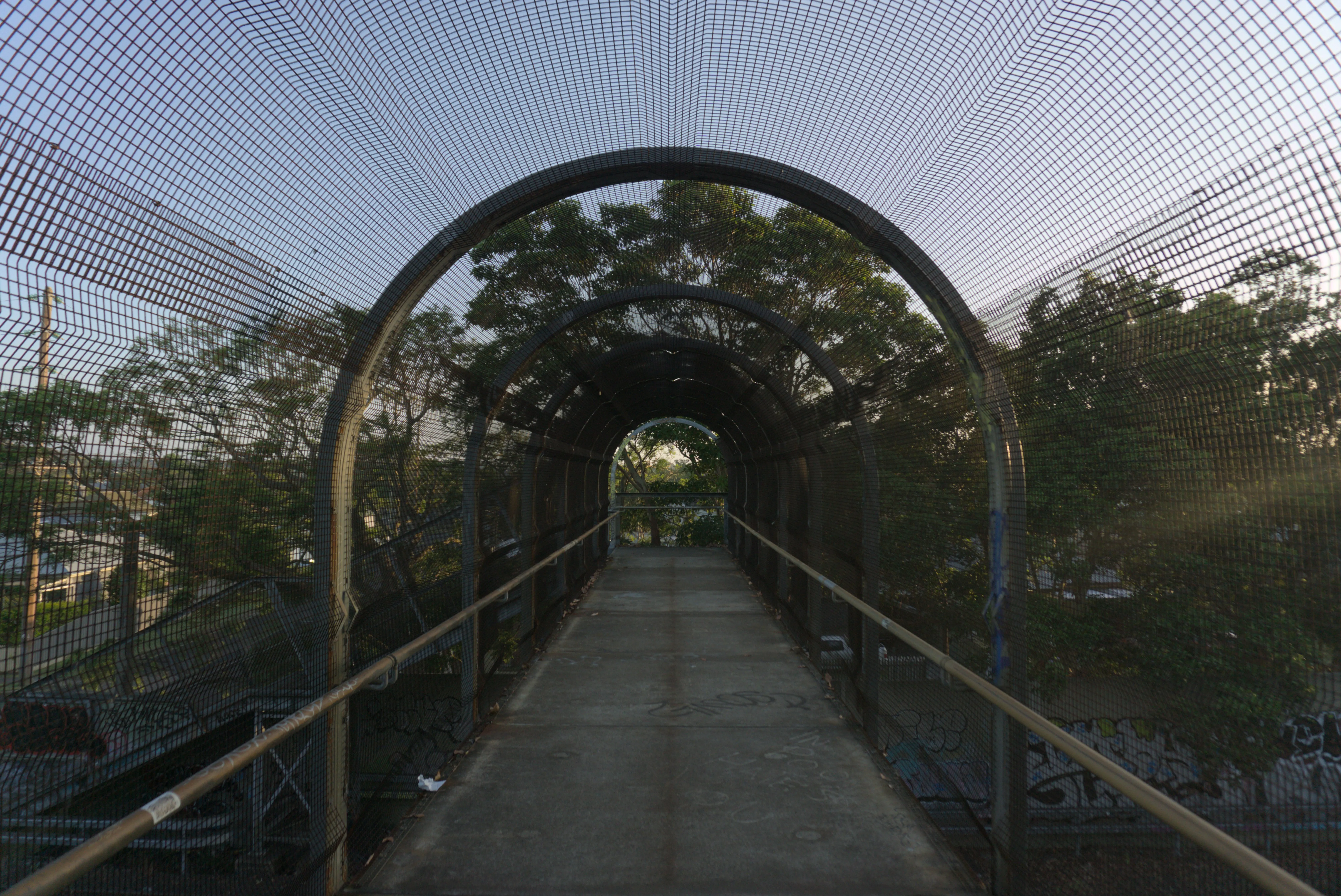 View through a mesh tunnel pedestrian overpass